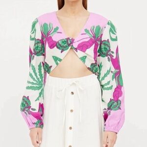 New! Caroline Constas Tropical Floral Crop‎ Top w/Center Knot Linen Blend